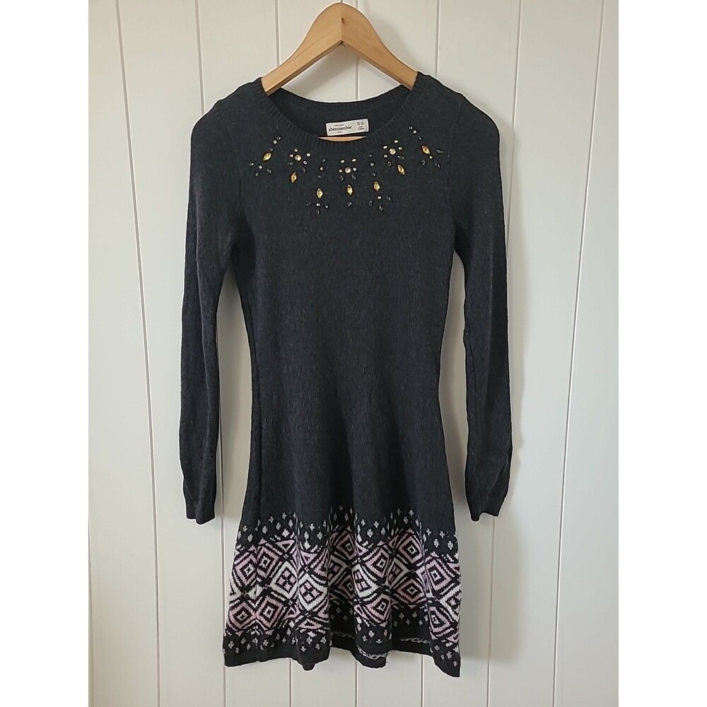 Abercrombie Kids Girls Sweater Dress 15/16 Gray Embellished Knit Long Sleeve
